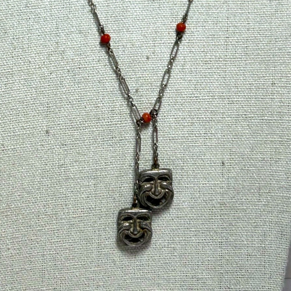 Vintage Artisan Paper-clip Sterling Silver Coral Comedy Tragedy Drama Necklace